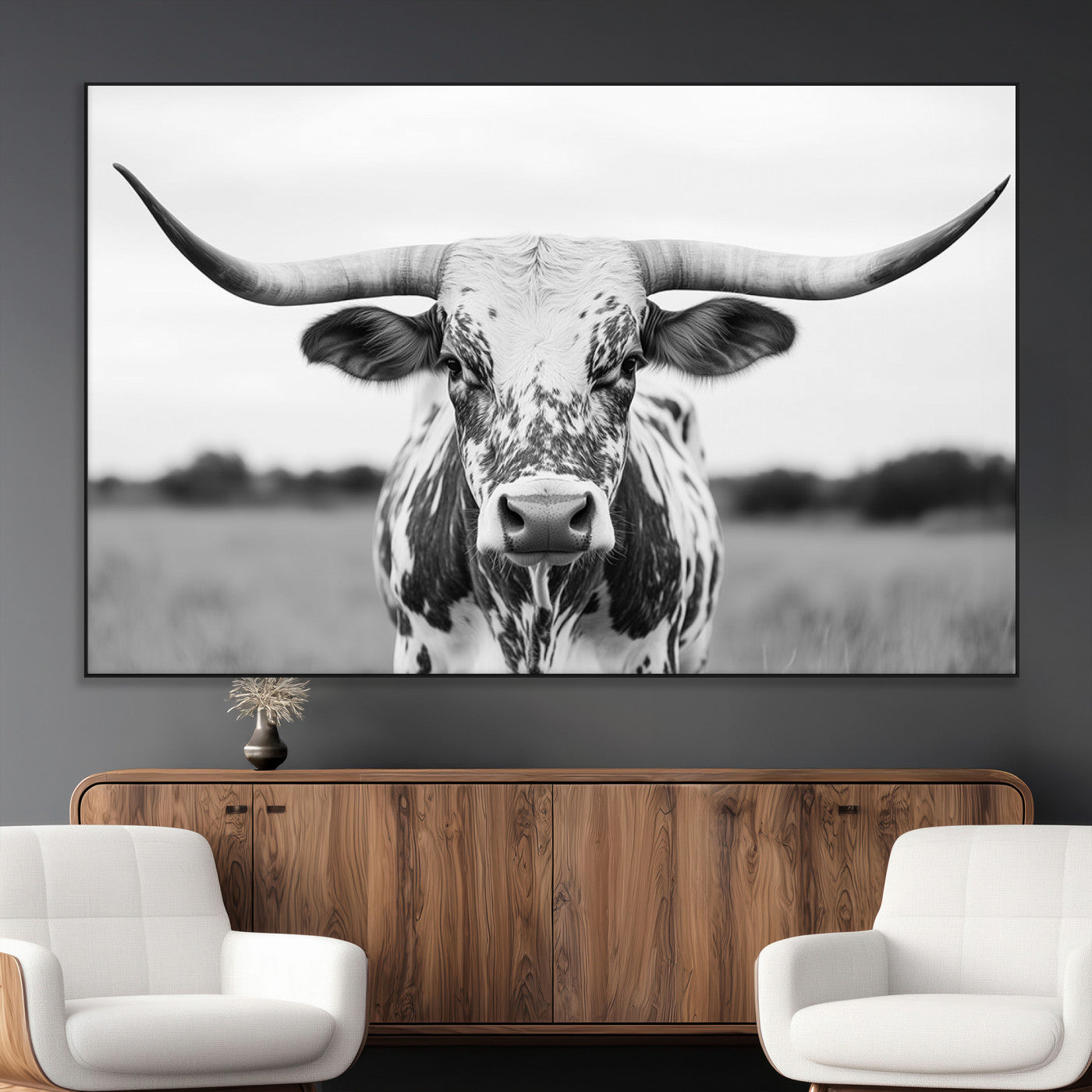 20272-MGV-CV-36X24-Highland Cow Wall Art – Black and White Western Longhorn Canvas Print, Farmhouse Living Room Decor Southwestern Animal Artwork for