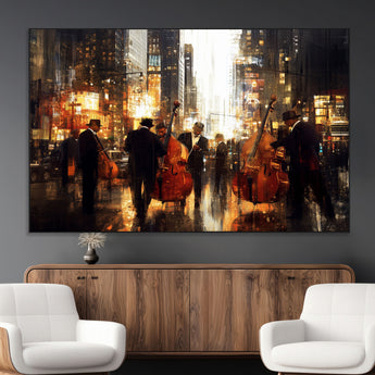 58782-MGV-CV-36X24-Jazz Musicians Cityscape Wall Art – Vibrant Urban Night Canvas Print, Elegant Music Themed Decor for Living Room, Office, or Music