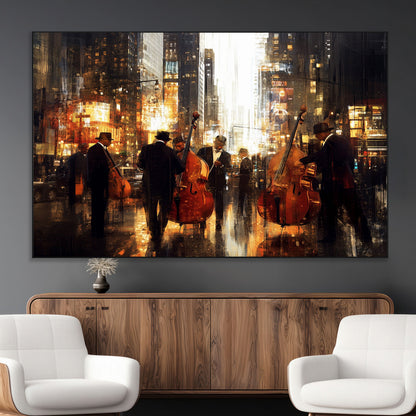 58782-MGV-CV-36X24-Jazz Musicians Cityscape Wall Art – Vibrant Urban Night Canvas Print, Elegant Music Themed Decor for Living Room, Office, or Music