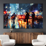94605-MGV-CV-36X24-City Jazz Night Wall Art – Vibrant Music Canvas Print Featuring Saxophone, Guitar and Bass Players, Urban Street Scene Artwork for