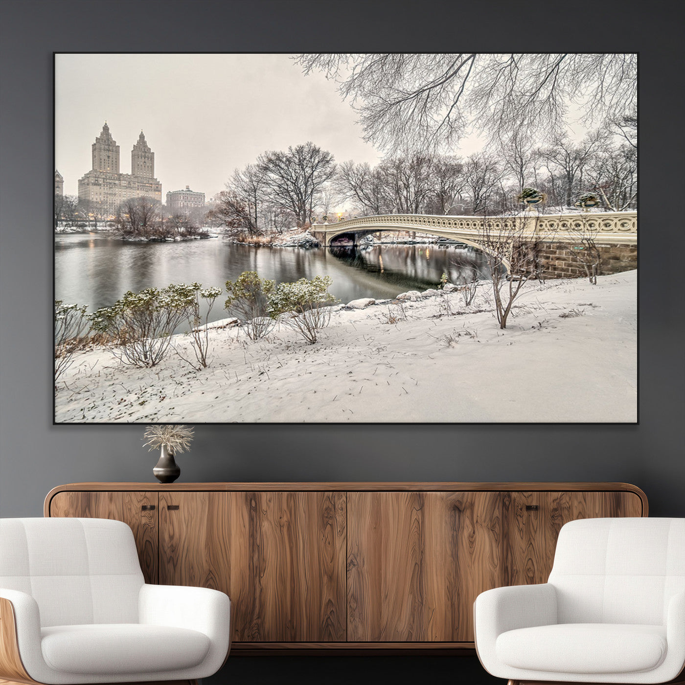 60292-MGV-CV-36X24-Central Park Winter Wall Art – Snowy Bow Bridge Canvas Print, Scenic New York City Landscape Photography for Living Room, Bedroom