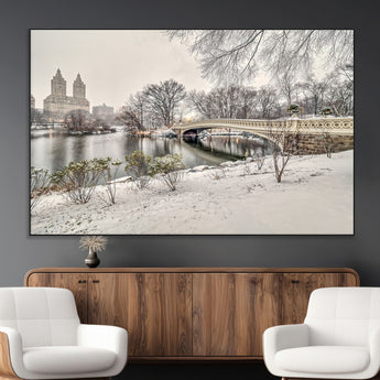 60292-MGV-CV-36X24-Central Park Winter Wall Art – Snowy Bow Bridge Canvas Print, Scenic New York City Landscape Photography for Living Room, Bedroom