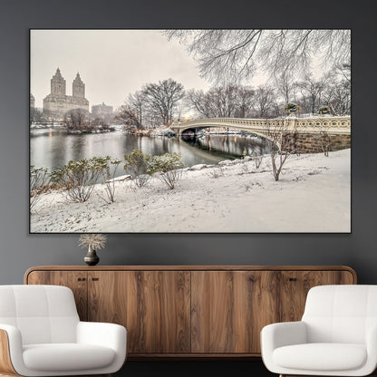 60292-MGV-CV-36X24-Central Park Winter Wall Art – Snowy Bow Bridge Canvas Print, Scenic New York City Landscape Photography for Living Room, Bedroom