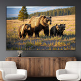 43400-MGV-CV-36X24-Bear Family Wall Art – Wildlife Canvas Print of Mother Bear with Cubs in Sunlit Meadow, Rustic Animal Artwork for Living Room,