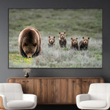 40555-MGV-CV-36X24-Bear Family Wall Art – Wildlife Canvas Print of Mother Bear with Four Cubs in Nature, Rustic Animal Artwork for Living Room,