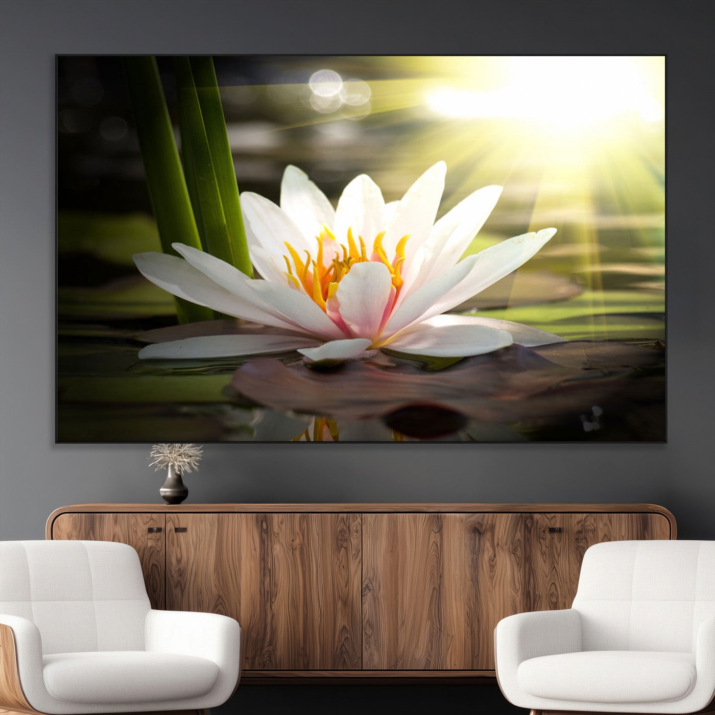 60352-MGV-CV-36X24-White Water Lily Wall Art – Lotus Flower Canvas Print with Sunlight Reflection, Peaceful Botanical Artwork for Living Room,
