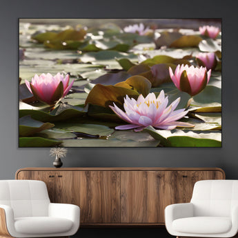 28394-MGV-CV-36X24-Water Lily Pond Wall Art – Pink Lotus Flowers Canvas Print with Green Lily Pads, Peaceful Botanical Artwork for Living Room,