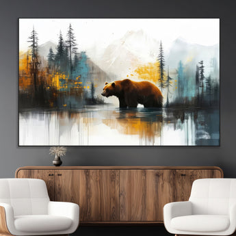 50308-MGV-CV-36X24-Abstract Rustic Bear Wall Art – Forest and Mountain Scene Canvas Print, Nature Artwork for Modern Farmhouse or Log Cabin Decor