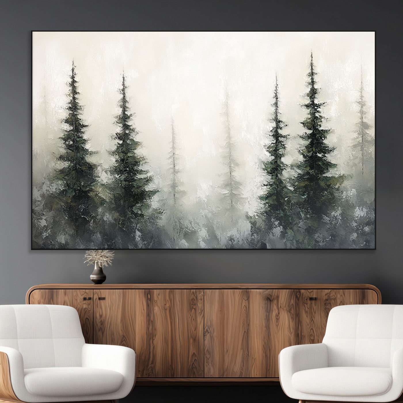33241-MGV-CV-36X24-Misty Forest Wall Art Canvas Print, Framed Foggy Pines Art Picture Print, Forest Haze Perfect Rustic Minimalist Decor Artwork