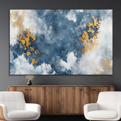 39575-MGV-CV-36X24-Blue and Gold Abstract Wall Art – Modern Canvas Print Featuring Cloudy Textures with Metallic Accents, Contemporary Artwork for