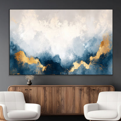 14578-MGV-CV-36X24-Abstract Wall Art – Modern Canvas Print Featuring Blue and White Clouds with Golden Accents, Contemporary Elegant Artwork for