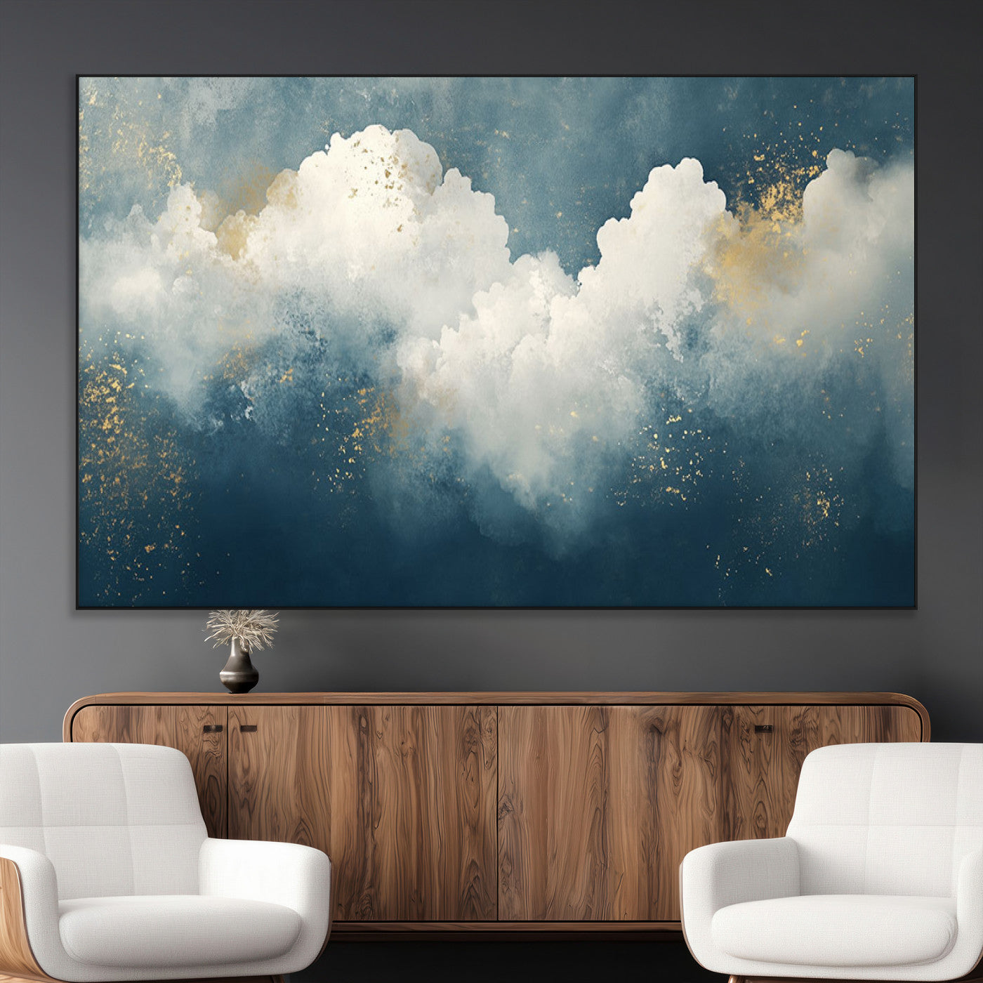 75131-MGV-CV-36X24-Abstract Cloud Wall Art – Modern Canvas Print Featuring Blue and White Clouds with Golden Accents, Contemporary Artwork for Living