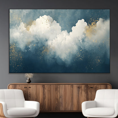 75131-MGV-CV-36X24-Abstract Cloud Wall Art – Modern Canvas Print Featuring Blue and White Clouds with Golden Accents, Contemporary Artwork for Living