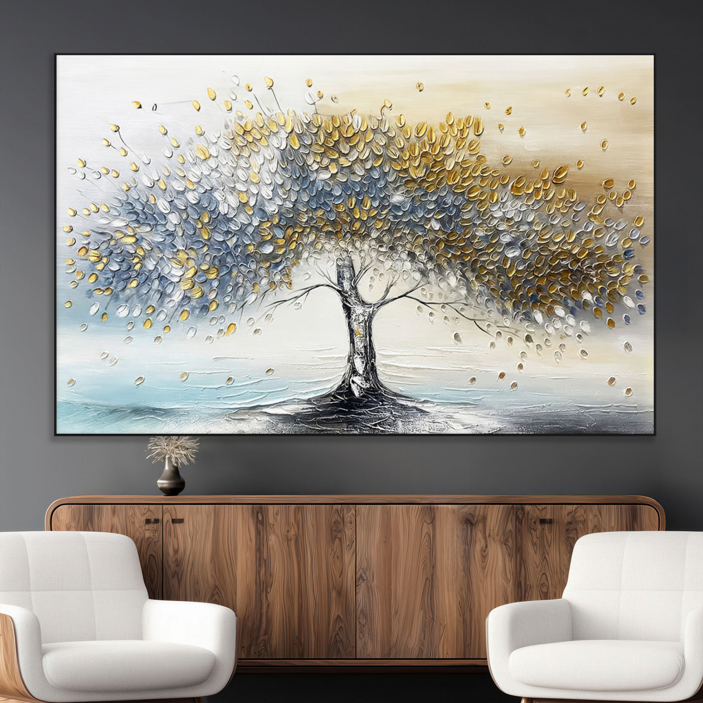 24771-MGV-CV-36X24-Silver Tree Wall Art Canvas Print, Framed Golden Leaves Art Picture Print, Metallic Tree Perfect Minimalist Luxury Decor Artwork