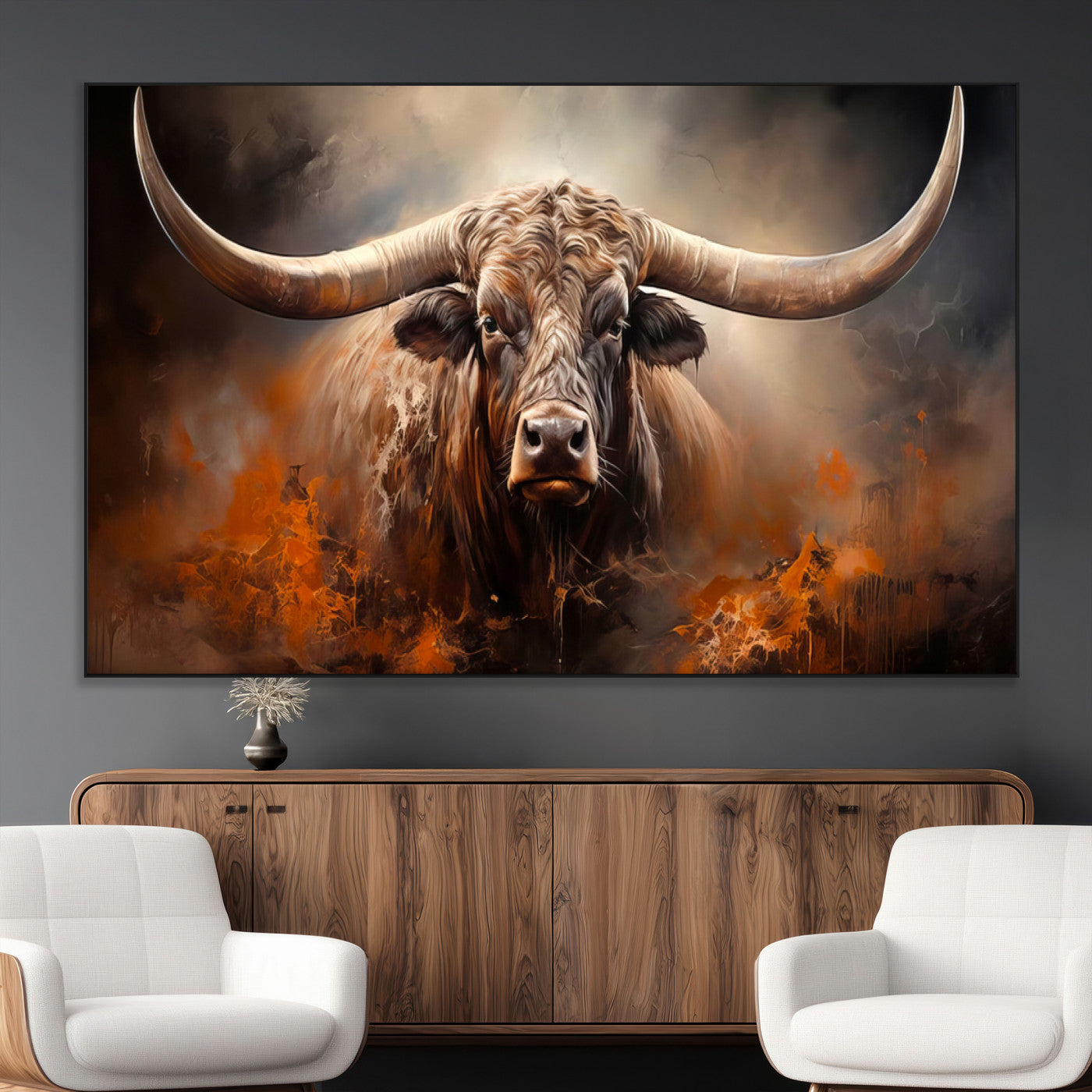240479-MGV-CV-36X24-Longhorn Bull Wall Art – Dramatic Western Canvas Print Featuring Horned Bull with Fiery Background, Rustic Farmhouse Artwork for