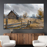 Farm1-MGV-CV-36X24-Rustic Autumn Farmhouse Wall Art – Serene Countryside Scene Canvas Print, Weathered Barn and Autumn Trees Decor for Living Room,