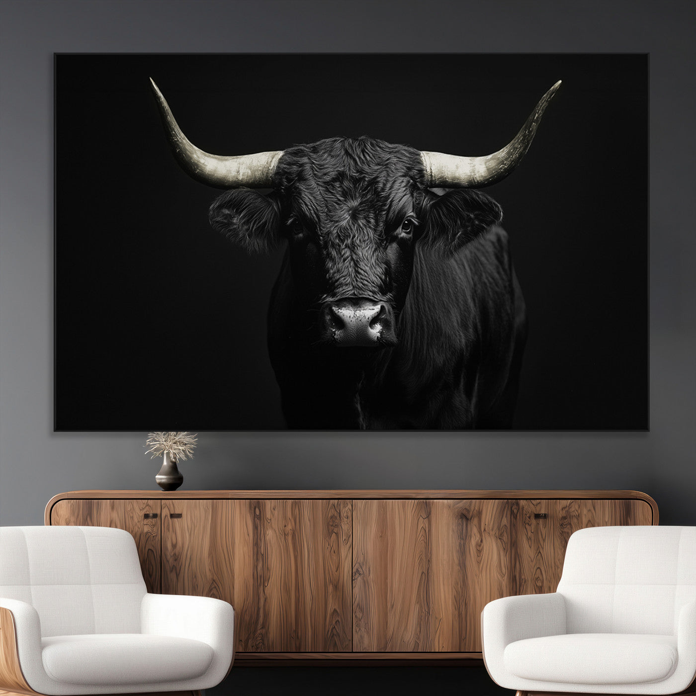 97914921-MGV-CV-36X24-Black Bull Wall Art Canvas Print, Framed Longhorn Bull Art Picture Print, Western Bull Perfect Monochrome Western Decor Artwork