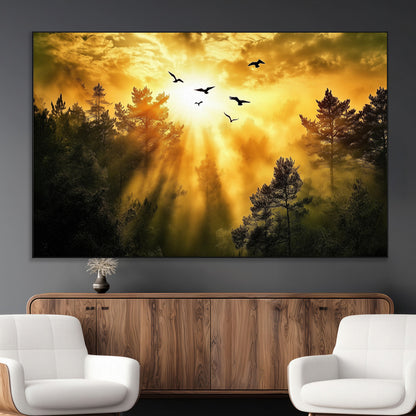 13776802-MGV-CV-36X24-Golden Forest Wall Art Canvas Print, Framed Sunset Pines Art Picture Print, Flying Birds Perfect Nature Glow Decor Artwork