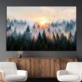 56391411-MGV-CV-36X24-Misty Forest Wall Art Canvas Print, Framed Sunrise Pines Art Picture Print, Moody Pines Perfect Serene Woodland Decor Artwork
