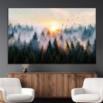 56391411-MGV-CV-36X24-Misty Forest Wall Art Canvas Print, Framed Sunrise Pines Art Picture Print, Moody Pines Perfect Serene Woodland Decor Artwork