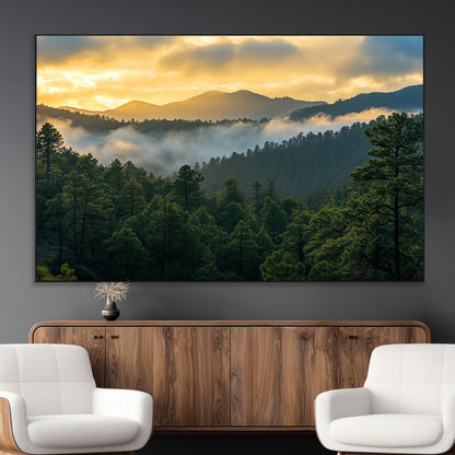 68082278-MGV-CV-36X24-Mountain Sunrise Wall Art Canvas Print, Framed Pine Forest Art Picture Print, Misty Mountains Perfect Earthy Woodland Decor