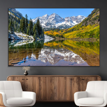 87724099-MGV-CV-36X24-Maroon Bells Wall Art Canvas Print, Framed Snowy Mountains Art Picture Print, Pine Forest Perfect Vibrant Alpine Decor Artwork