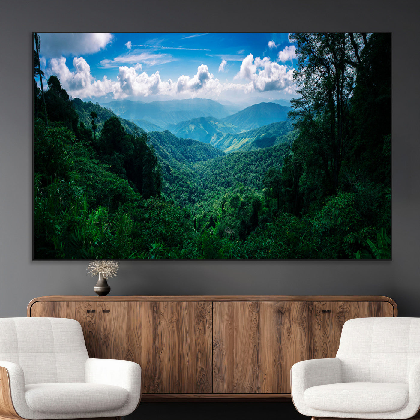 74439378-MGV-CV-36X24-Tropical Jungle Wall Art Canvas Print, Framed Lush Valley Art Picture Print, Forest Mountains Perfect Tropical Wilderness Decor