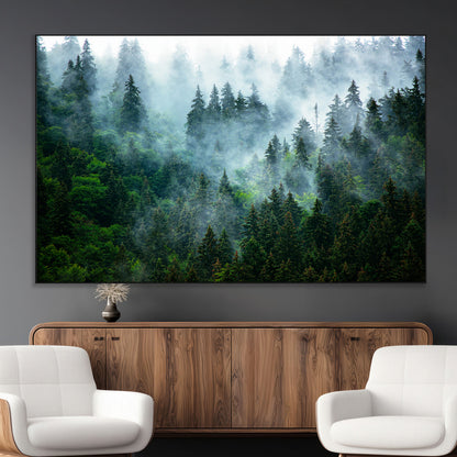 17393683-MGV-CV-36X24-Misty Forest Art Wall Art Canvas Print, Framed Foggy Mountain Art Art Picture Print, Scenic Wall Print Perfect Decor Artwork