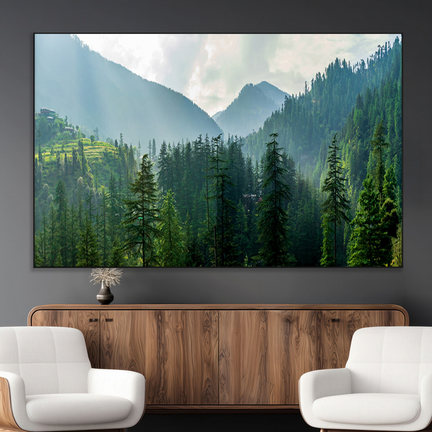 83417191-MGV-CV-36X24-Misty Mountain Forest Wall Art – Pine Tree Landscape Canvas Print, Nature Photography Panorama, Tranquil Green Forest Décor for