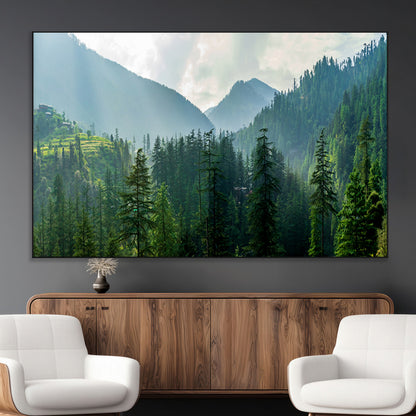 83417191-MGV-CV-36X24-Misty Mountain Forest Wall Art – Pine Tree Landscape Canvas Print, Nature Photography Panorama, Tranquil Green Forest Décor for
