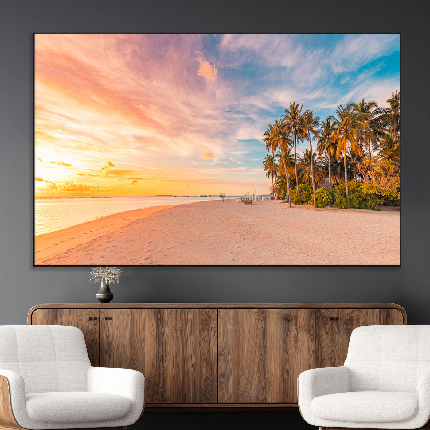 41542880-SEG-FC-51X34_Oversize_Oversize-Tropical Beach Wall Art Canvas Print, Framed Palm Trees Art Picture Print, Sunset Shore Perfect Tropical Coastal Decor Artwork