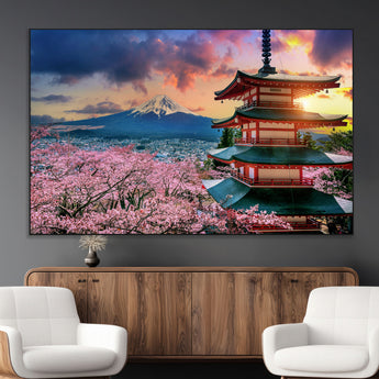 32331262-SEG-FC-51X34_Oversize_Oversize-Mount Fuji Japan Wall Art – Cherry Blossom Landscape Canvas Print, Chureito Pagoda Sunset Photography, Japanese Nature Travel