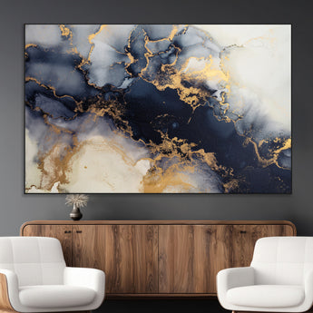 41136487-MGV-CV-36X24-Black Marble Wall Art Canvas Print, Framed Gold Veins Art Picture Print, Abstract Texture Perfect Moody Luxe Decor Artwork