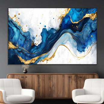 33506371-MGV-CV-36X24-Blue Marble Wall Art Canvas Print, Framed Gold Splash Art Picture Print, Abstract Wave Perfect Modern Luxe Decor Artwork