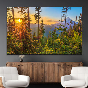 83544043-MGV-CV-36X24-Forest Sunset Wall Art Canvas Print, Framed Sunset Trees Art Picture Print, Green Pines Perfect Rustic Nature Decor Artwork
