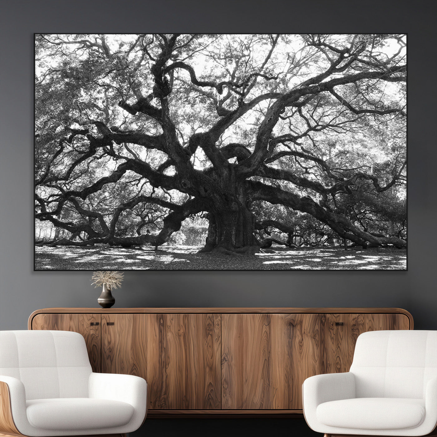 81655611-MGV-CV-36X24-Ancient Oak Wall Art Canvas Print, Framed Twisted Branches Art Picture Print, Gnarled Tree Perfect Moody Nature Decor Artwork