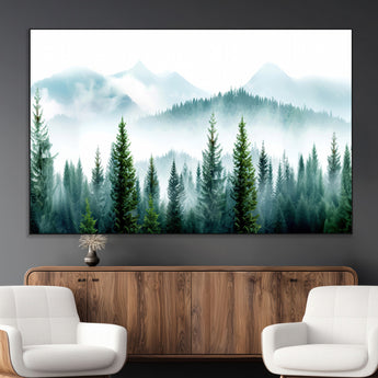 16716676-MGV-CV-36X24-Pine Forest Wall Art Canvas Print, Framed Misty Mountains Art Picture Print, Foggy Trees Perfect Moody Forest Decor Artwork