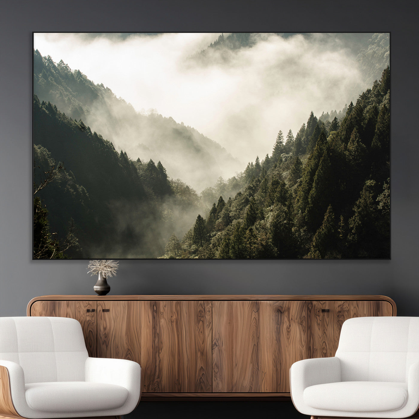 57570237-MGV-CV-36X24-Misty Valley Wall Art Canvas Print, Framed Foggy Forest Art Picture Print, Pine Trees Perfect Moody Woodland Decor Artwork