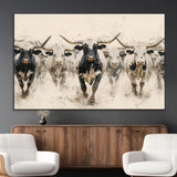 61538944-MGV-CV-36X24-Texas Longhorn Wall Art Canvas Print, Framed Cattles Walking Art Picture Print, Black White Bulls Perfect Rustic Western Decor