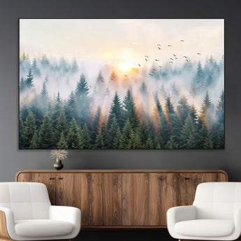 92718976-MGV-CV-36X24-Misty Forest Wall Art Canvas Print, Framed Sunrise Pines Art Picture Print, Foggy Woodland Perfect Moody Woodland Decor Artwork