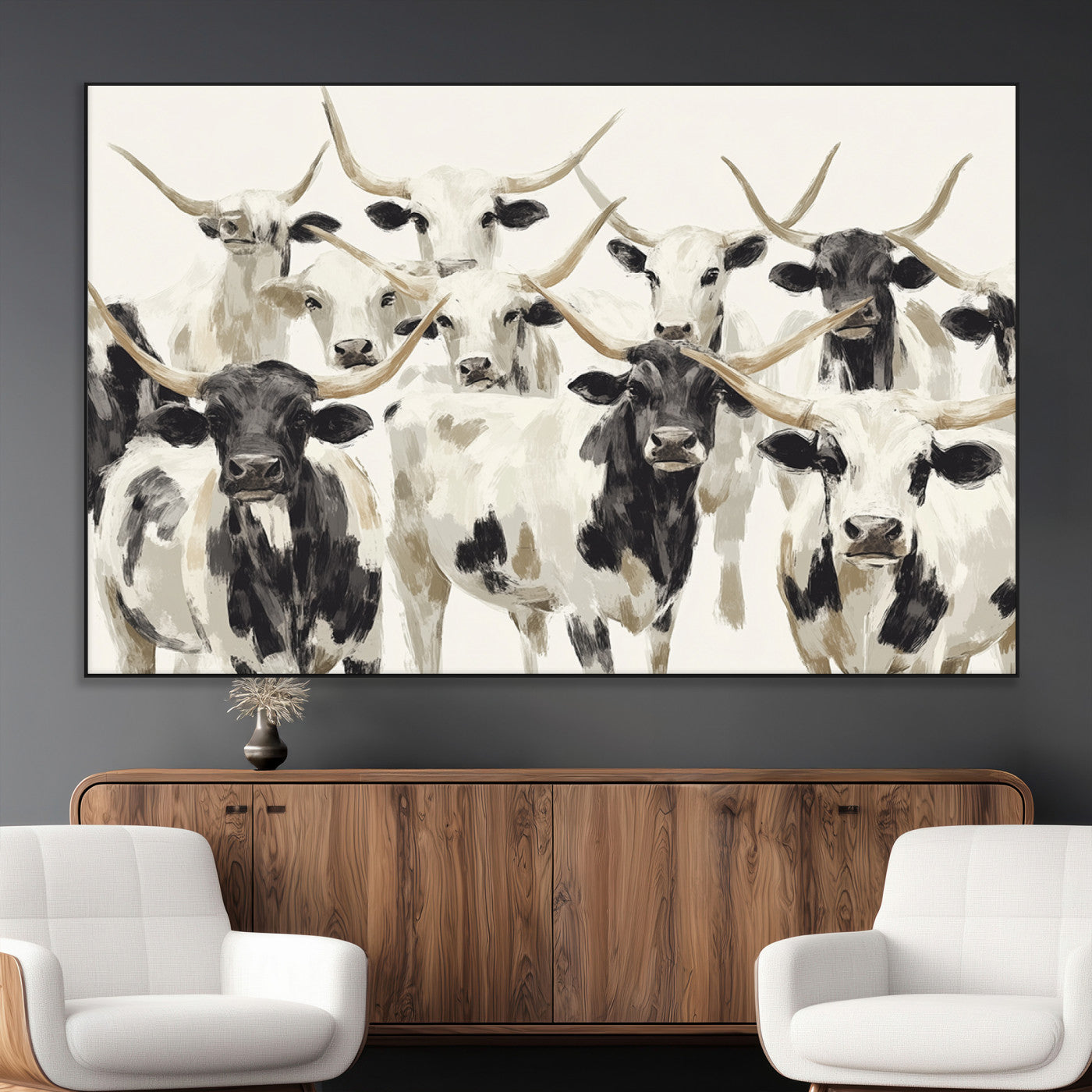 52947970-MGV-CV-36X24-Texas Longhorn Wall Art Canvas Print, Framed Cattle Herd Art Picture Print, Herd Portrait Perfect Modern Farmhouse Decor Artwork