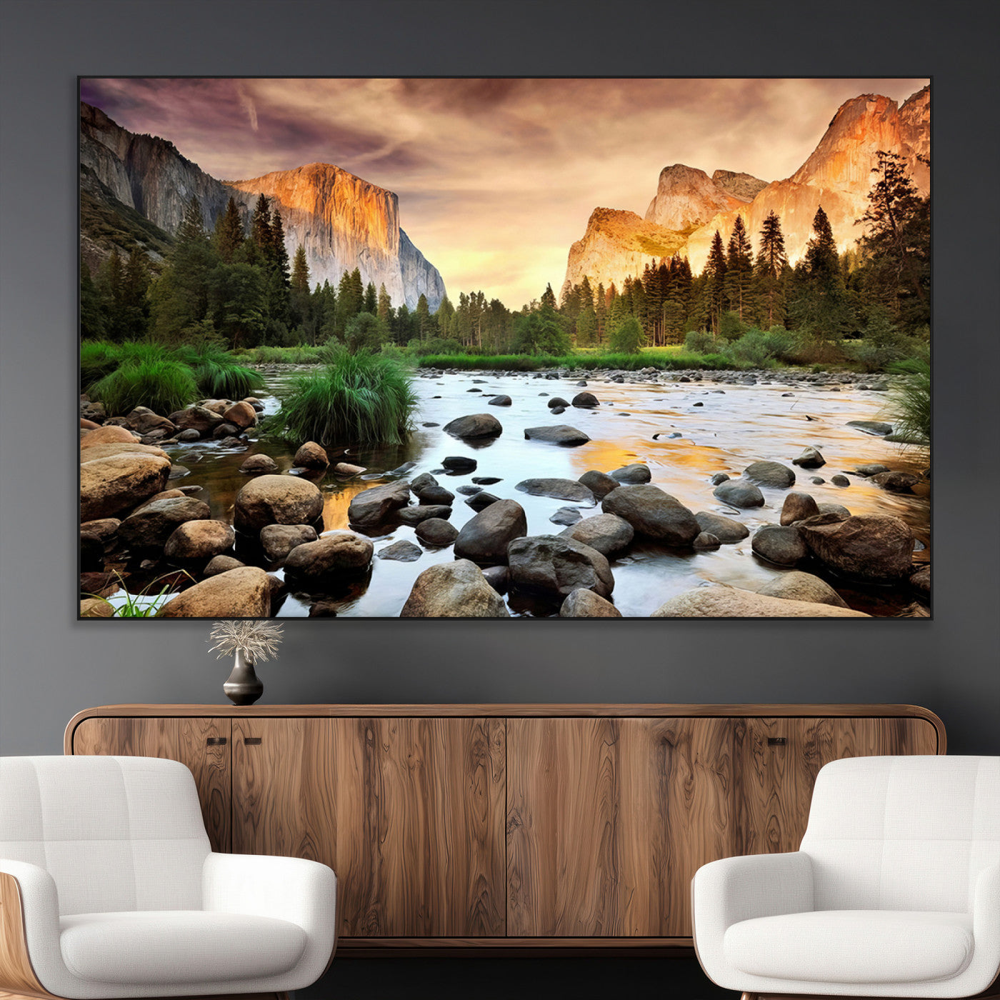 90956031-MGV-CV-36X24-Yosemite Valley Wall Art – Scenic Mountain River Landscape Canvas Print, Nature Photography for Living Room, Bedroom, Cabin,