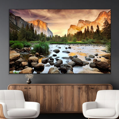 90956031-MGV-CV-36X24-Yosemite Valley Wall Art – Scenic Mountain River Landscape Canvas Print, Nature Photography for Living Room, Bedroom, Cabin,