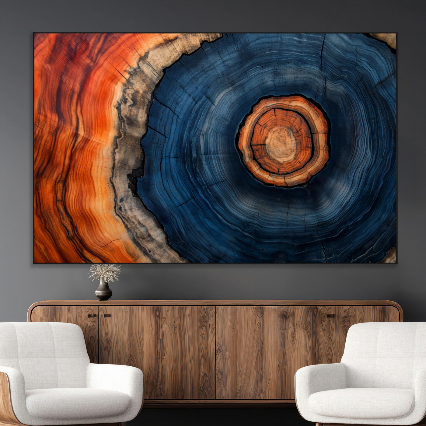 72209152-MGV-CV-36X24-Abstract Tree Ring Wall Art – Vibrant Blue Orange Wood Grain Canvas Print, Rustic Modern Nature Artwork for Living Room, Office,