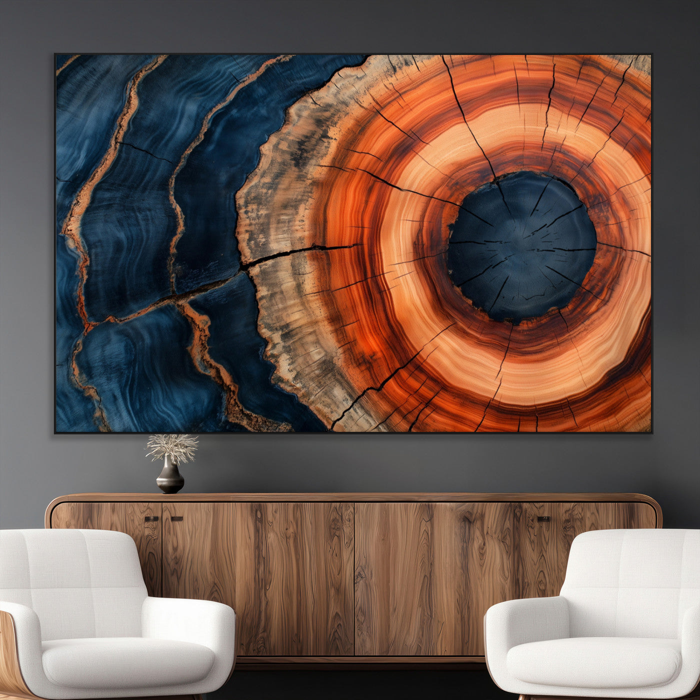 41123192-MGV-CV-36X24-Tree Ring Canvas Wall Art – Abstract Blue Orange Wood Grain Print, Rustic Modern Nature Artwork for Living Room, Bedroom, Office