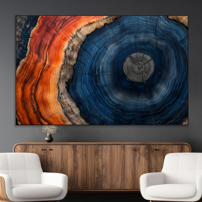 99491700-MGV-CV-36X24-Tree Ring Canvas Wall Art – Blue Orange Abstract Wood Grain Print, Rustic Modern Nature Artwork for Living Room, Office, Bedroom