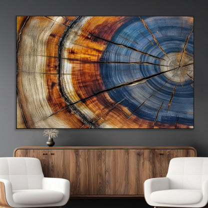 18032999-MGV-CV-36X24-Tree Ring Wall Art – Blue Brown Abstract Wood Slice Canvas Print, Rustic Modern Nature Decor for Living Room, Office, Bedroom or