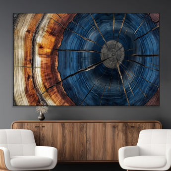 60099360-MGV-CV-36X24-Blue Tree Ring Wall Art – Rustic Wood Grain Canvas Print, Modern Abstract Artwork with Natural Texture for Living Room, Bedroom,