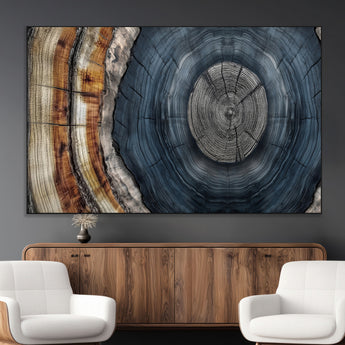 91368647-MGV-CV-36X24-Smoky Blue Tree Ring Wall Art – Rustic Wood Cross Section Canvas Print, Modern Nature Inspired Decor for Living Room, Office, or