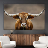 12179171-MGV-CV-36X24-Texas Longhorn Wall Art Canvas Print, Framed Brown Bull Art Picture Print, Lone Cattle Perfect Rustic Western Decor Artwork